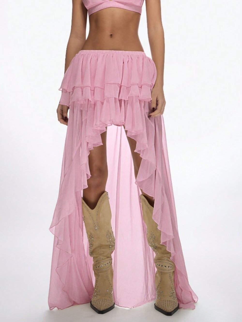 Pink Casual Women's Ruffle Tiered High Low Waterfall Maxi Skirt